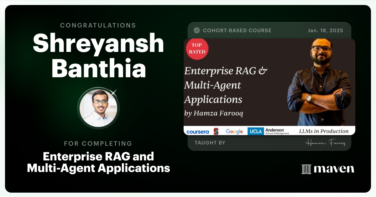 Certificate of Completion for Agent Engineering Bootcamp: Developers Edition