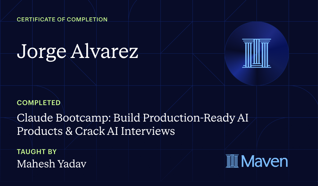 Certificate for Claude Bootcamp: Build Production-Ready AI Products & Crack AI Interviews