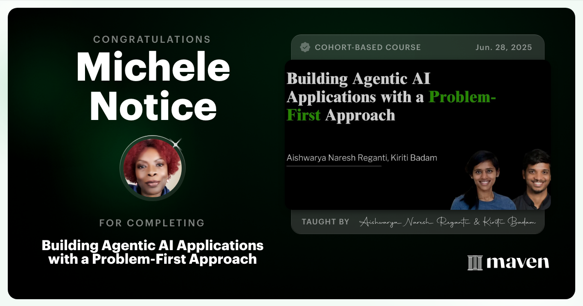 Certificate of Completion for Building Agentic AI Applications with a Problem-First Approach