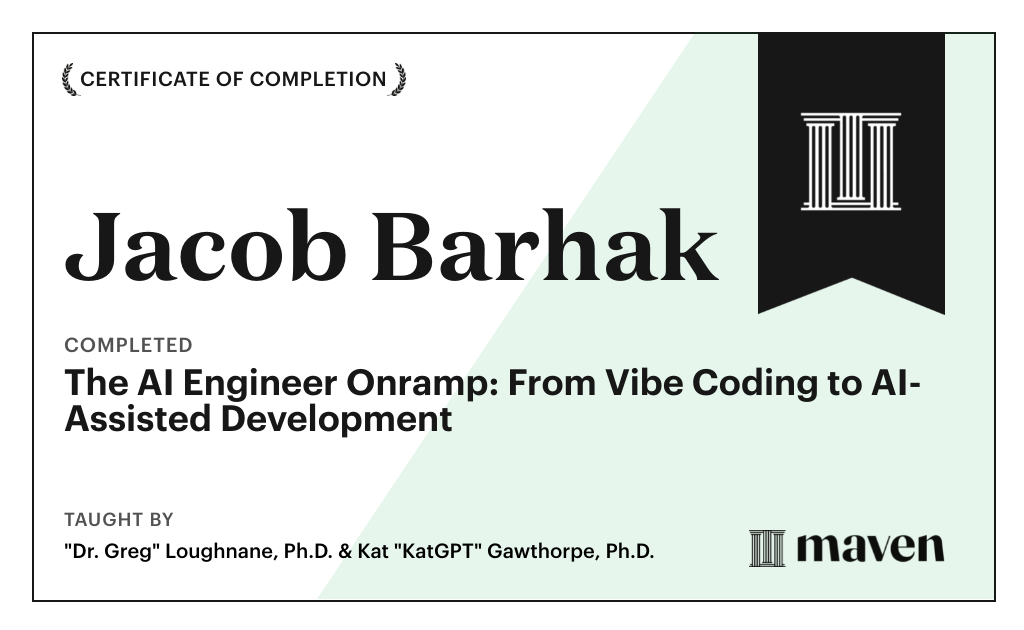 Certificate for The AI Engineer Onramp: From Vibe Coding to AI-Assisted Development