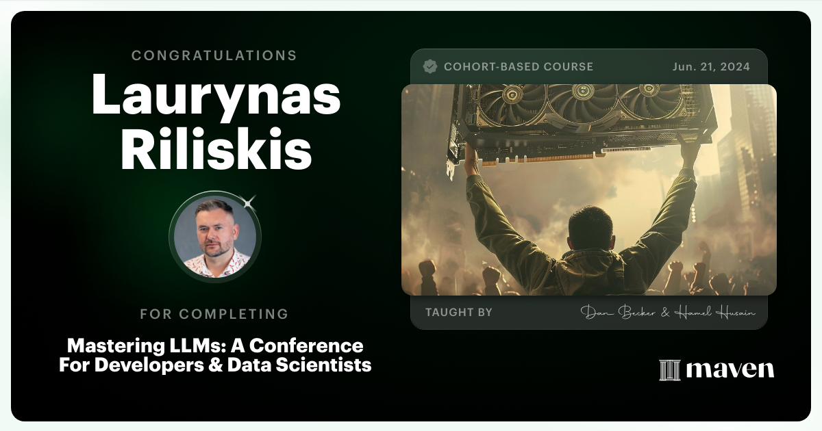 Certificate of Completion for Mastering LLMs For Developers & Data Scientists