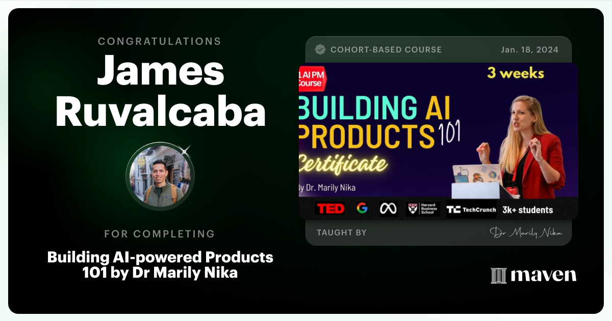 Certificate of Completion for AI Product Management 101 & Certification - Building AI Products end-to-end
