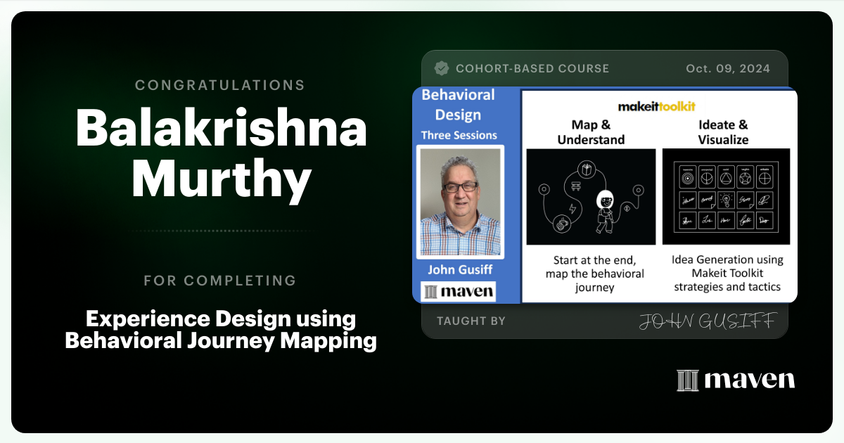 Certificate of Completion for GenAI-powered Behavioral Design Sprint using Make It Toolkit