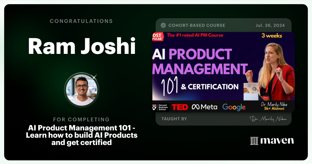 Certificate of Completion for AI Product Management 101 & Certification - Building AI Products end-to-end