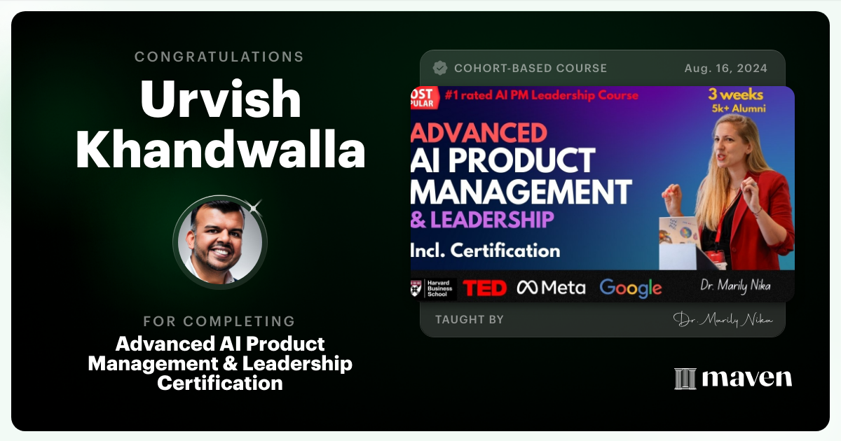 Certificate of Completion for Advanced AI Product Leadership Certification by AI Product Academy