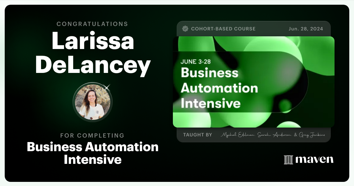 Certificate of Completion for Business Automation Intensive