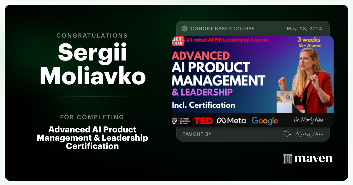 Certificate of Completion for Advanced AI Product Leadership Certification