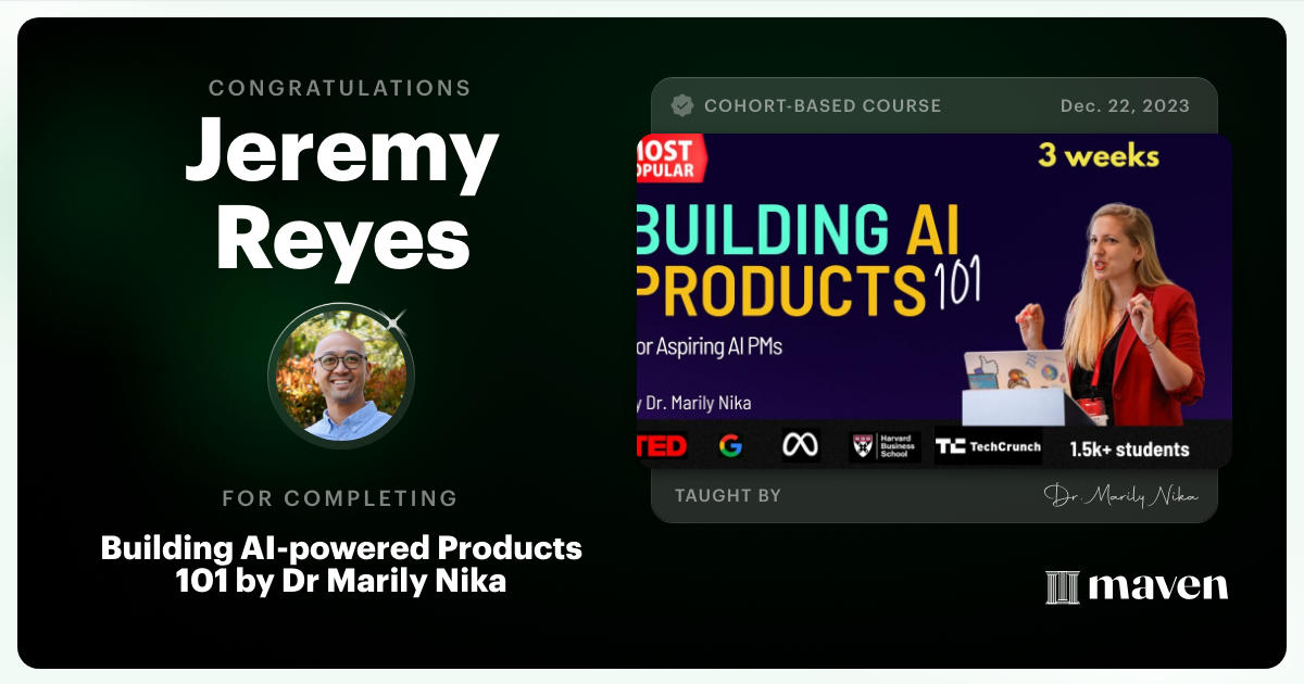 Certificate of Completion for AI Product Management 101 & Certification - Building AI Products end-to-end