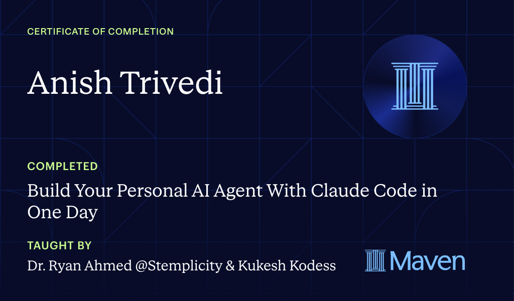 Certificate for Build Your Personal AI Agent With Claude Code in One Day