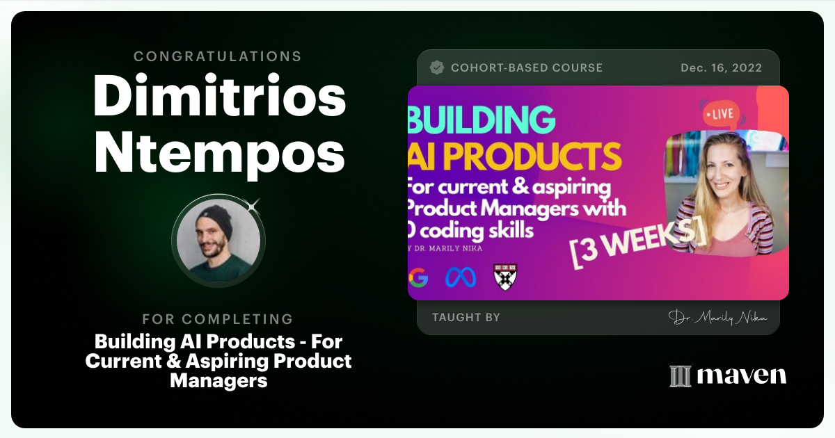 Certificate of Completion for AI Product Management 101 & Certification - Building AI Products end-to-end