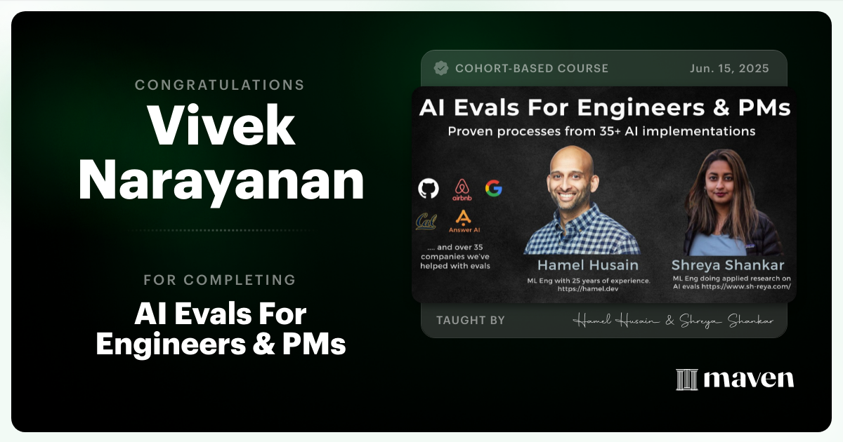 Certificate of Completion for AI Evals For Engineers & PMs